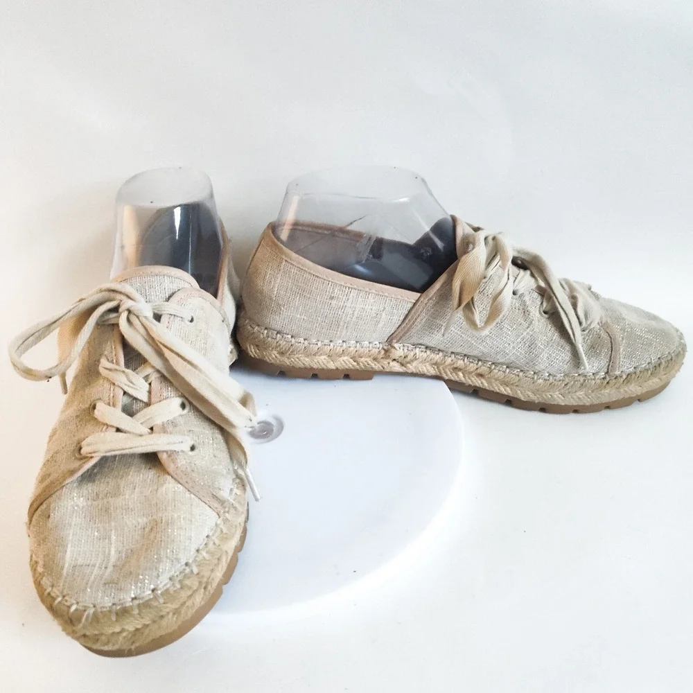 Circus Sam Edelman 8 Espadrille Flats Sneakers Metallic Fabric Lace-Up Gold Tan